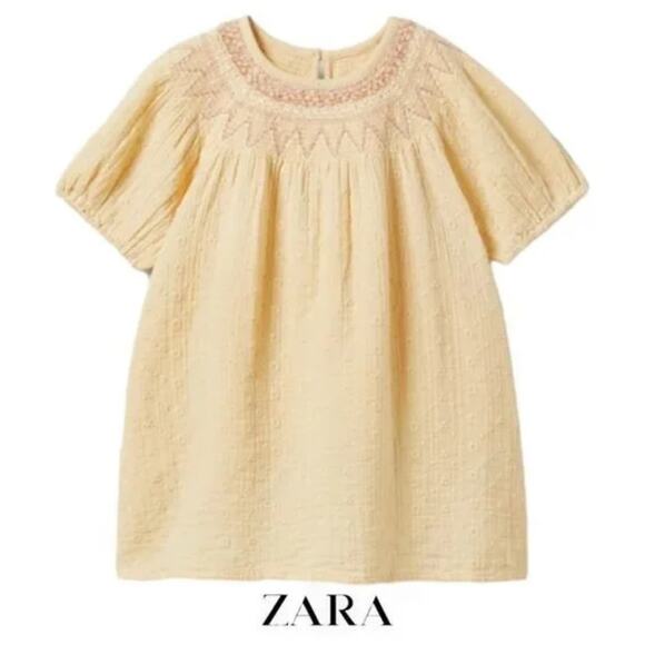 Zara Girls 3-4 Years Dress Textured Embroidered Short Sleeve Yellow New NWT - Picture 1 of 9
